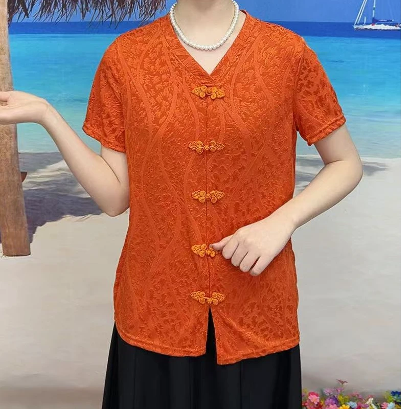 0412夏季新款复古盘扣女士短袖T恤百搭时尚妈妈装
