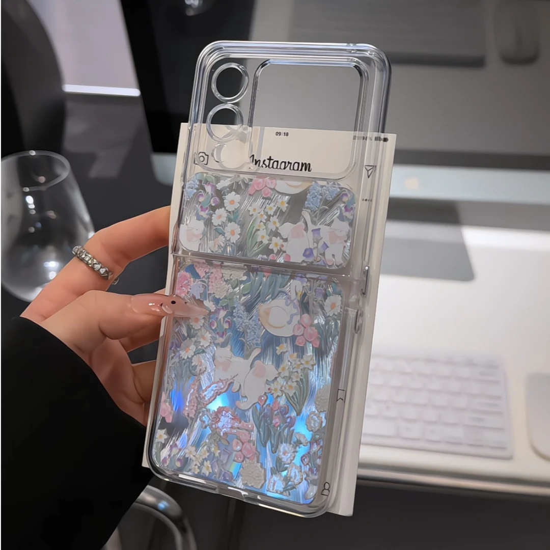 （华为nova系列）折叠羽纱适用华为NOVAFLIP手机壳女花丛猫咪白天鹅