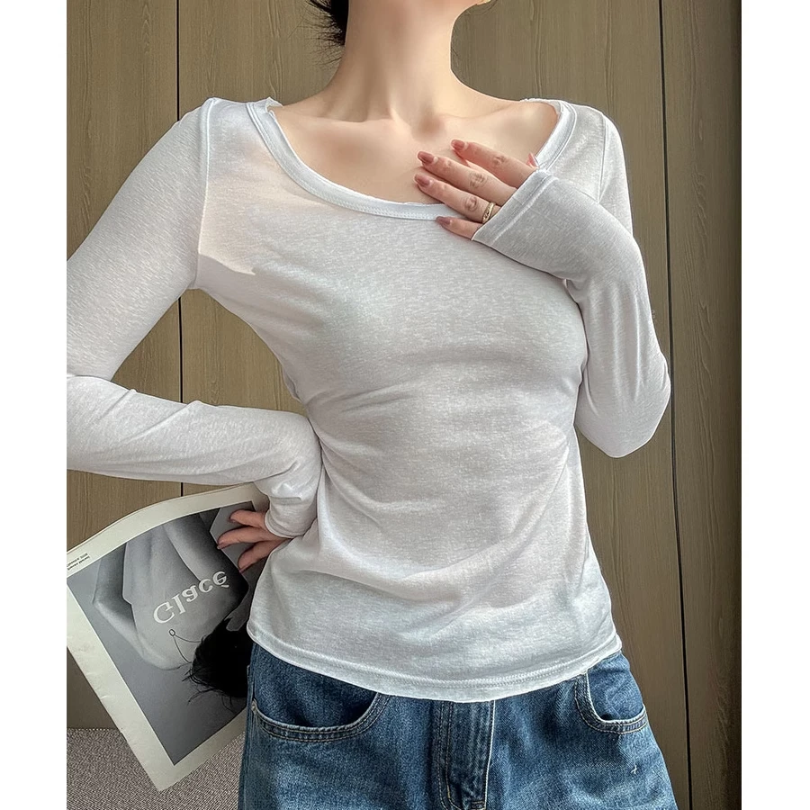 慵懒风u领白色长袖T恤女早秋薄款微透chic卷边上衣百搭休闲打底衫