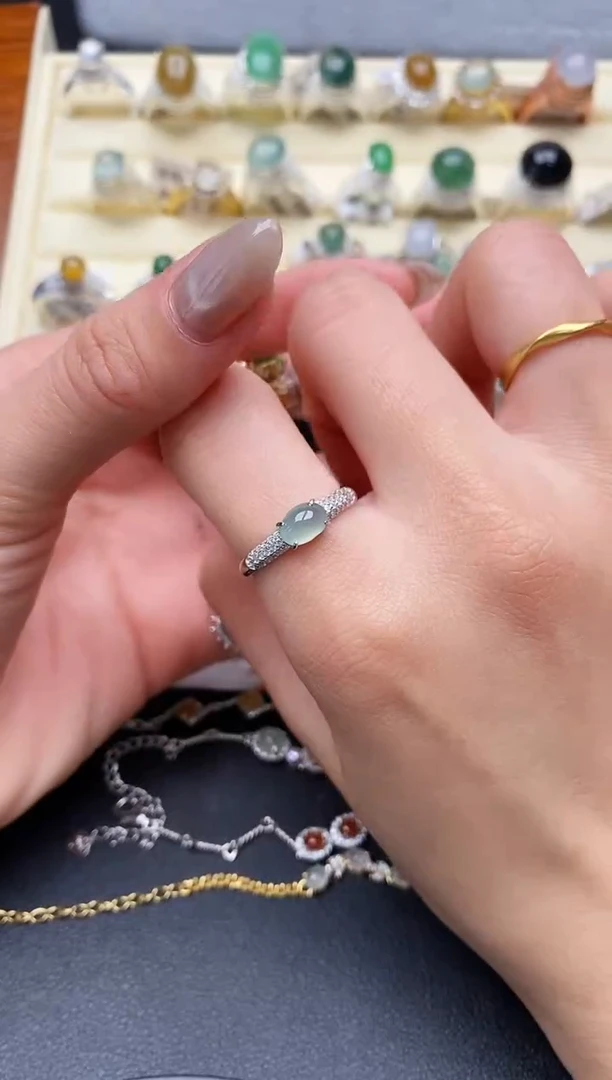 【闪购商品】翡翠戒指银S925镶嵌缅甸天然A货翡翠111  10-8