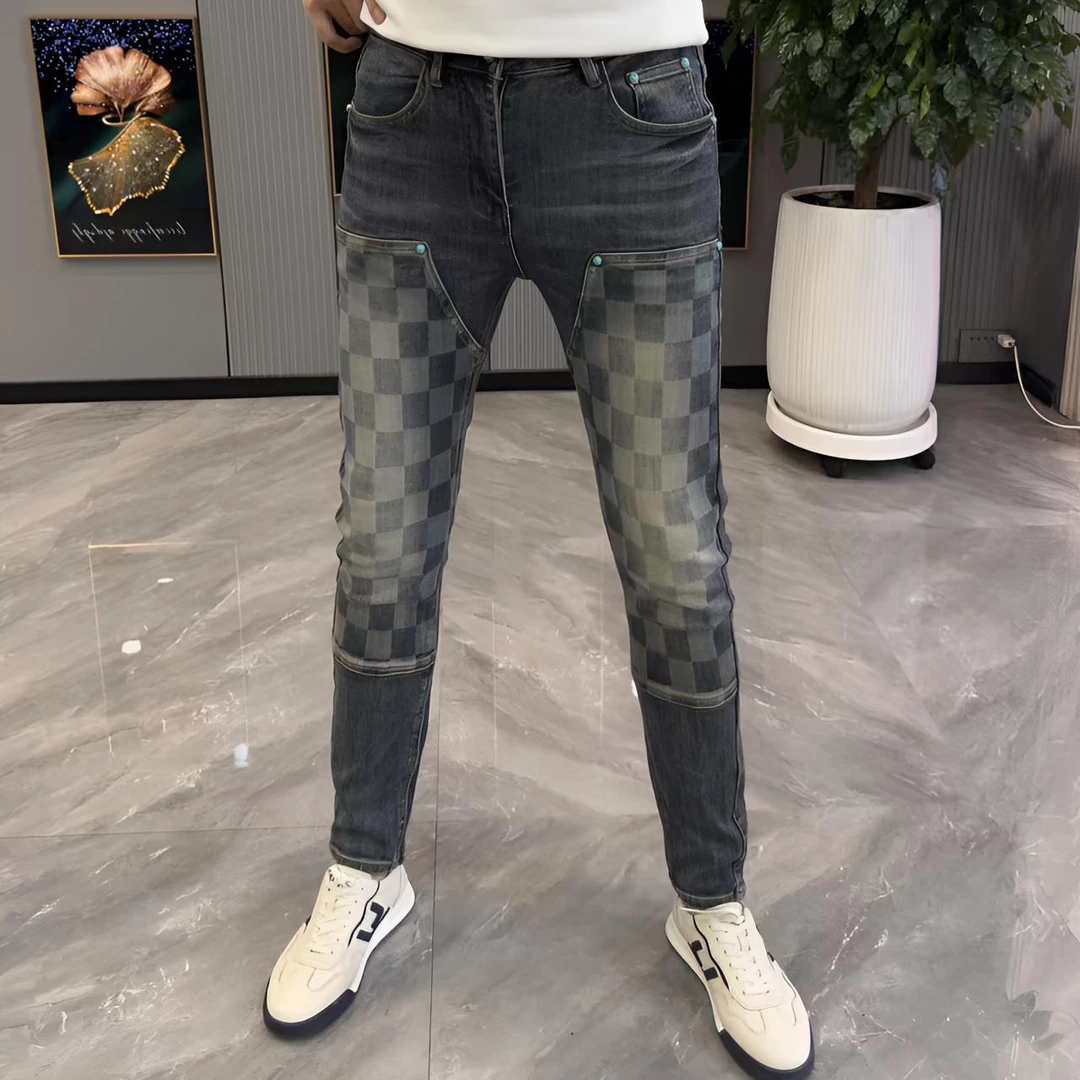 长裤男广州新款拼接男士牛仔裤美式棋盘格牛仔裤男款爆款2025新款