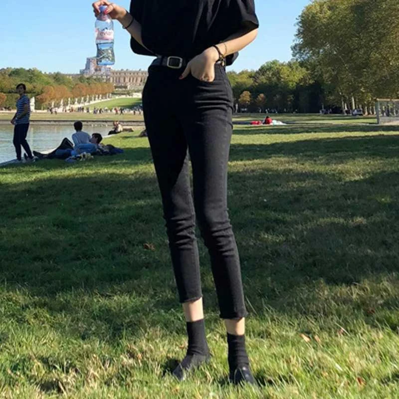 145-155小个子八分黑色小脚紧身牛仔裤女秋冬加绒九分弹力铅笔裤