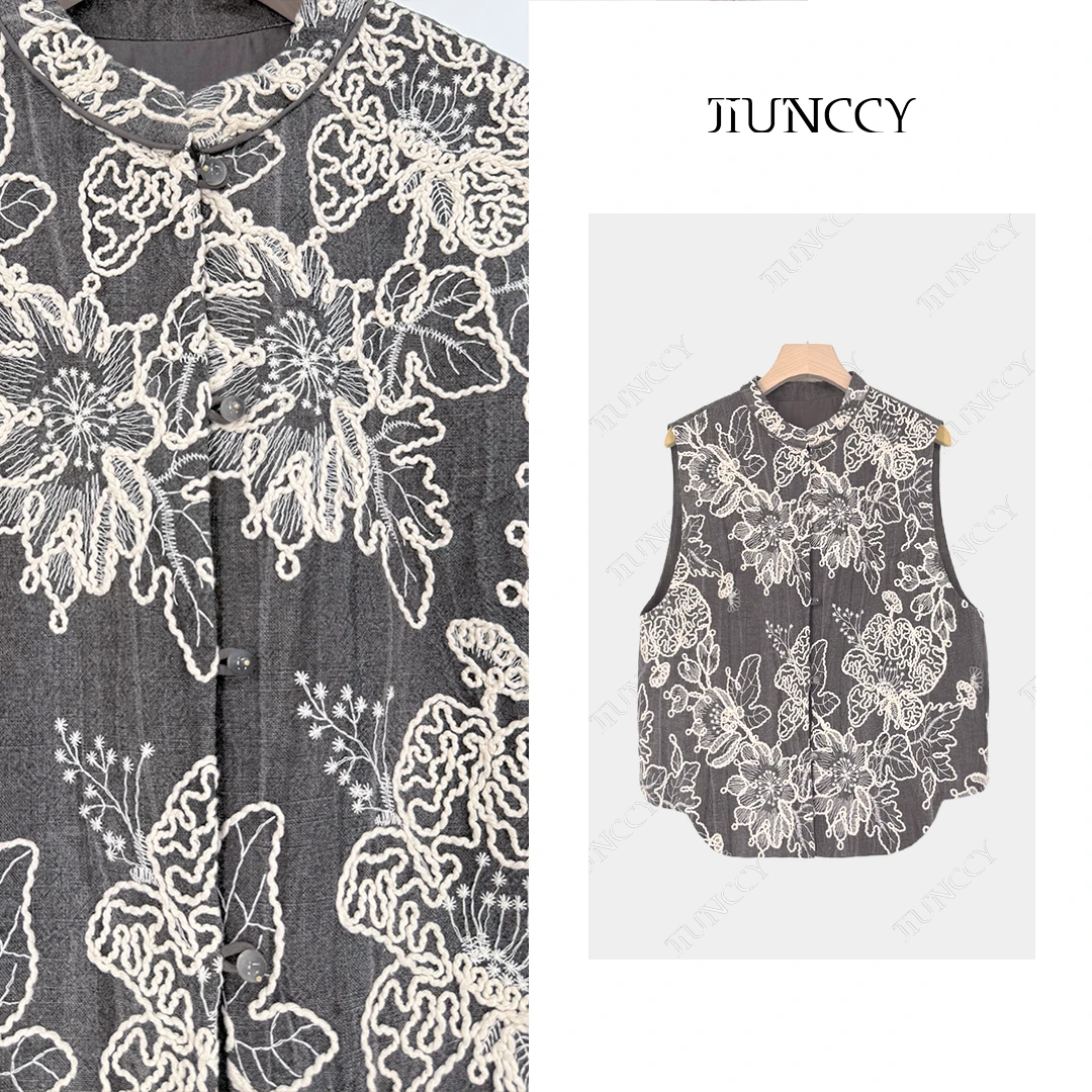 JIUNCCY【花蔓】亚麻棉肌理感炒色棉线刺绣花弧形下摆马甲 52YMJ011
