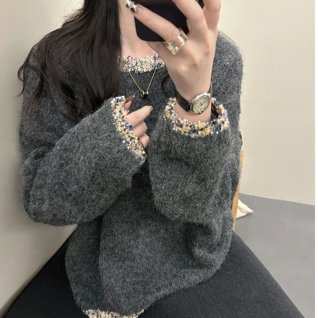 女士灰色重工撞色羊驼毛圆领慵懒风秋冬新款针织套头毛衣女