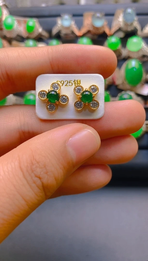 【闪购商品】翡翠耳饰银S925镶嵌天然A货翡翠1