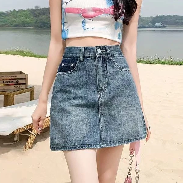 牛仔半身裙女春夏新款高腰显瘦防走光A字半身裙#305