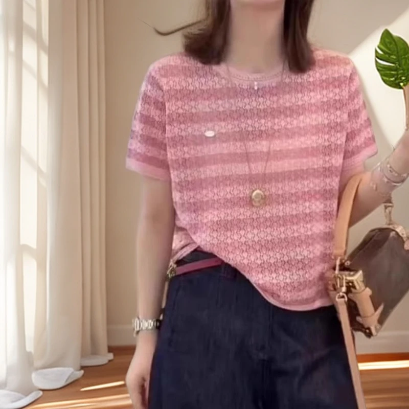 大码撞色条纹薄款针织衫短袖t恤女胖MM夏季显瘦时尚宽松休闲上衣