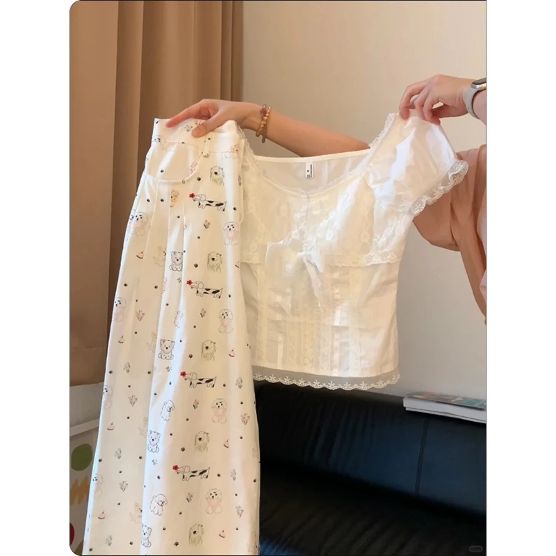 韩系甜美蕾丝蝴蝶结上衣+可爱小狗印花高腰休闲直筒裤女夏两件套