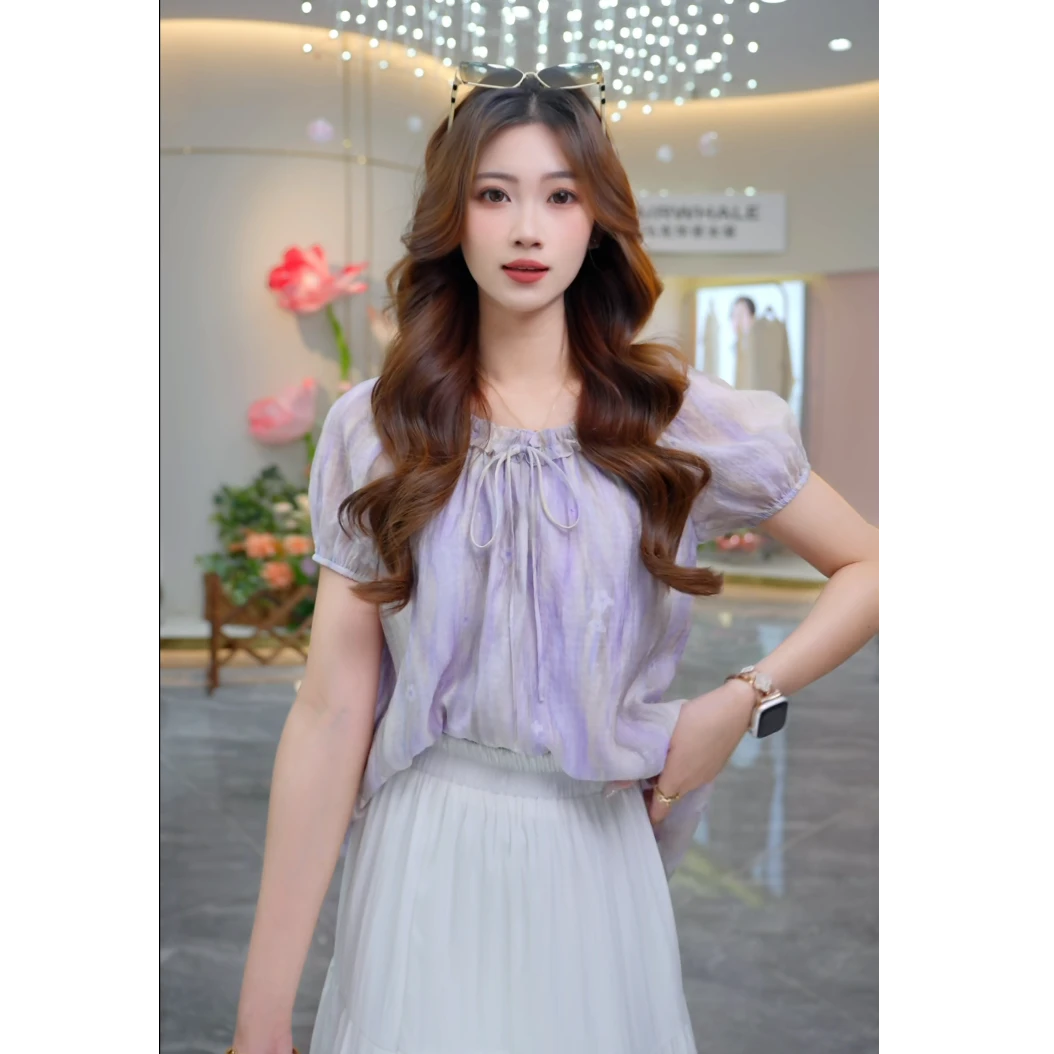 2025年新款春夏季法式气质小众设计感系带短袖上衣