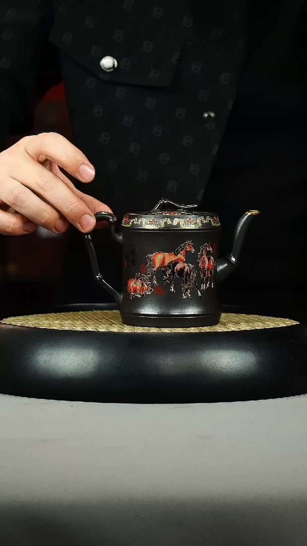 茶壶紫砂石黄 竹段 珐琅彩 八骏图
