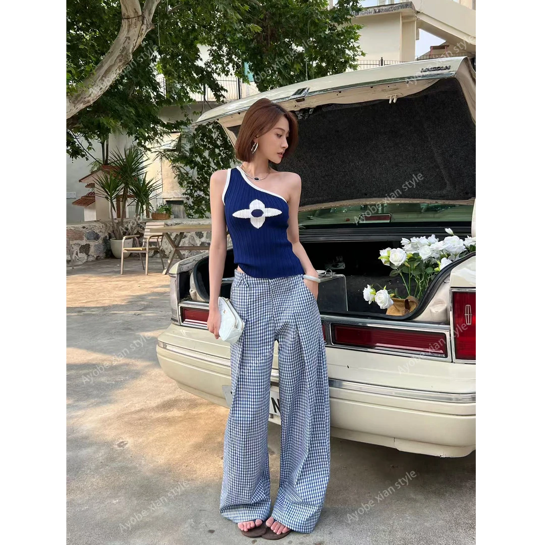 【Ayobe】盐雾沉沉~辣妹性感斜肩撞色针织吊带纯欲露肩显瘦无袖背心