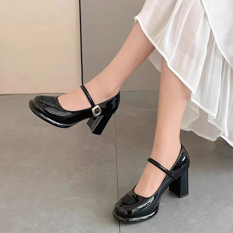 36057 新款百搭气质圆头粗跟浅口玛丽珍单鞋