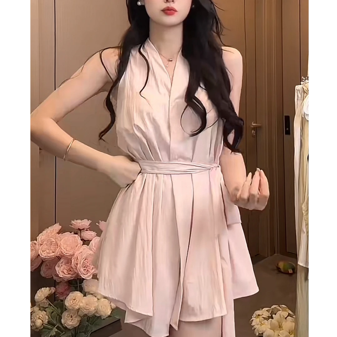 夏季显瘦时尚套装韩版阔腿上衣气质性感衬衫休闲收腰系带女装小众