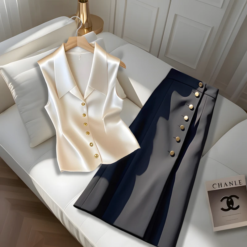 法式气质v领无袖缎面马甲背心女2025夏季时尚百搭黑色半身裙套装