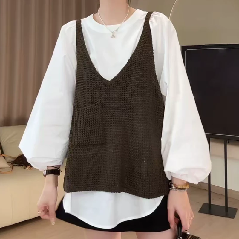 2025早秋韩系百搭显瘦宽松衬衣+针织马甲两件套LK2506113