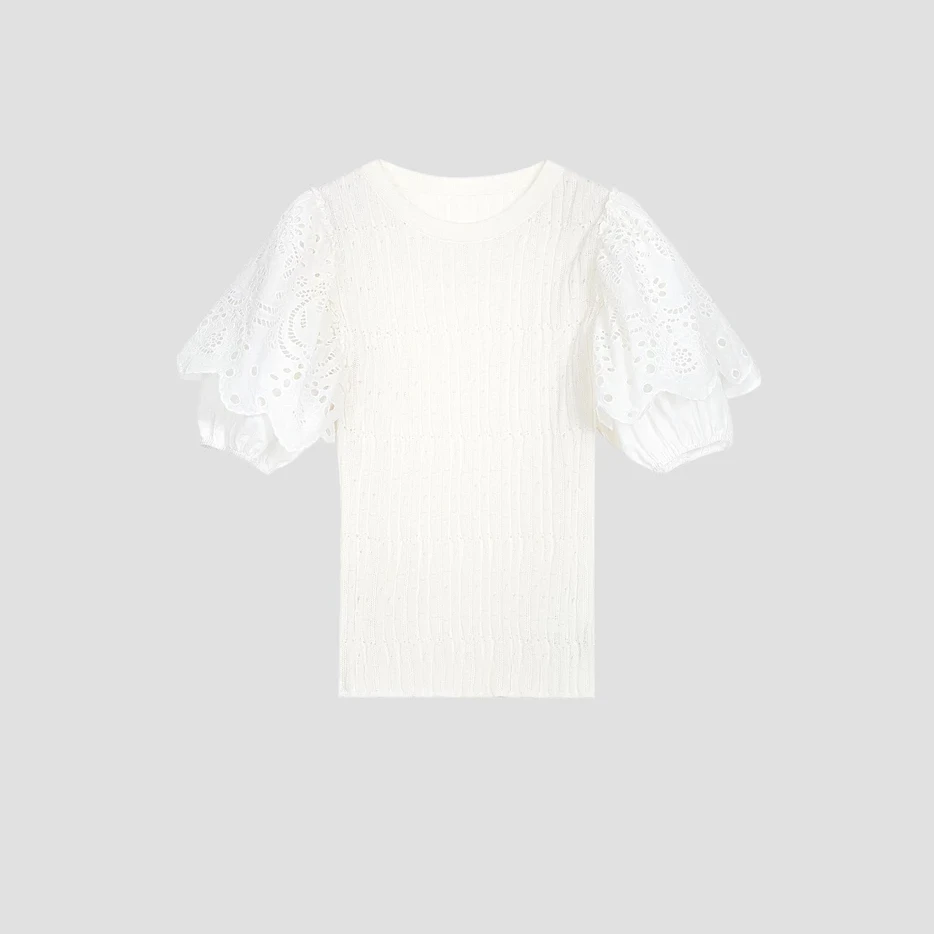 “白茶甜心”度假宫廷风立体花苞袖镂空针织短袖衣MY4675