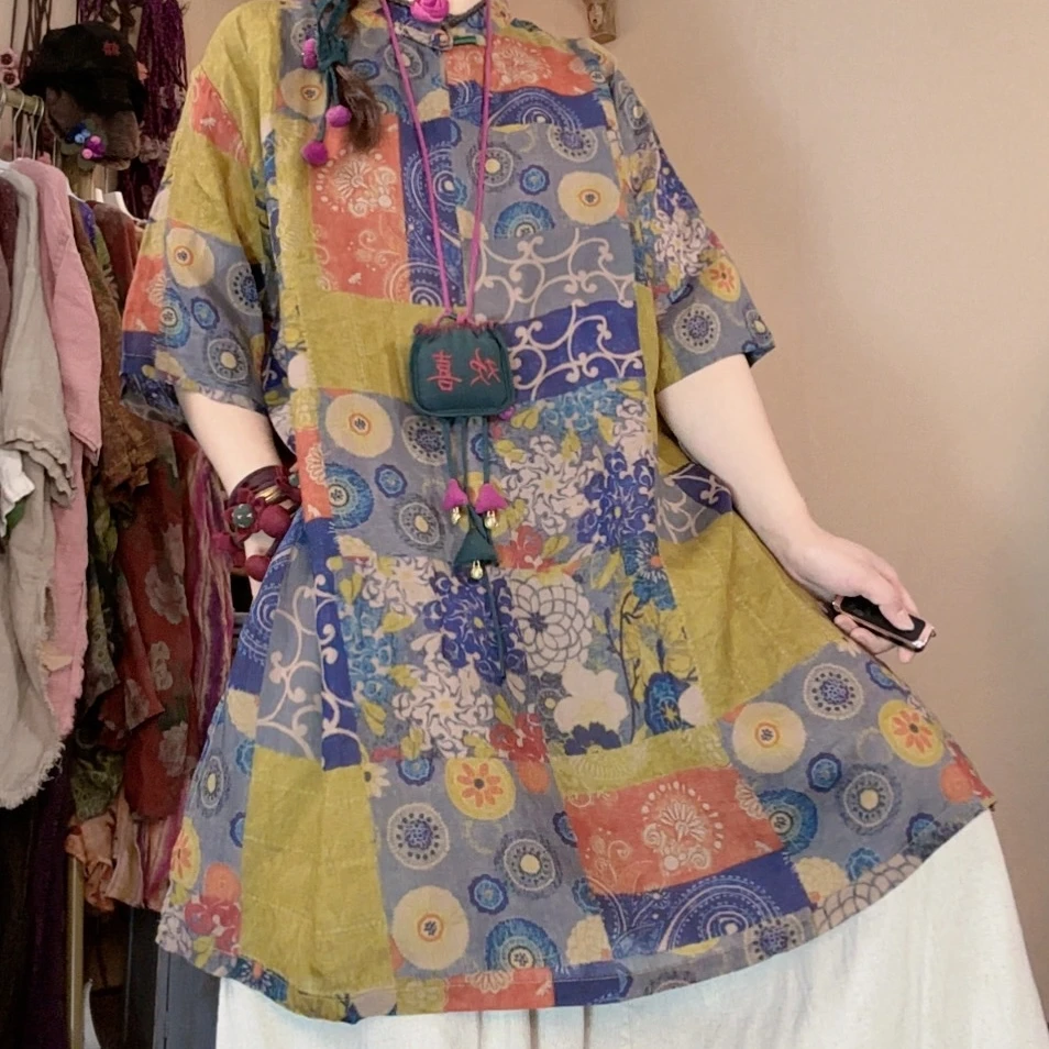 【语禾】Y9195复古一字盘扣名族风苎麻印花旗袍（衣长85胸围130）