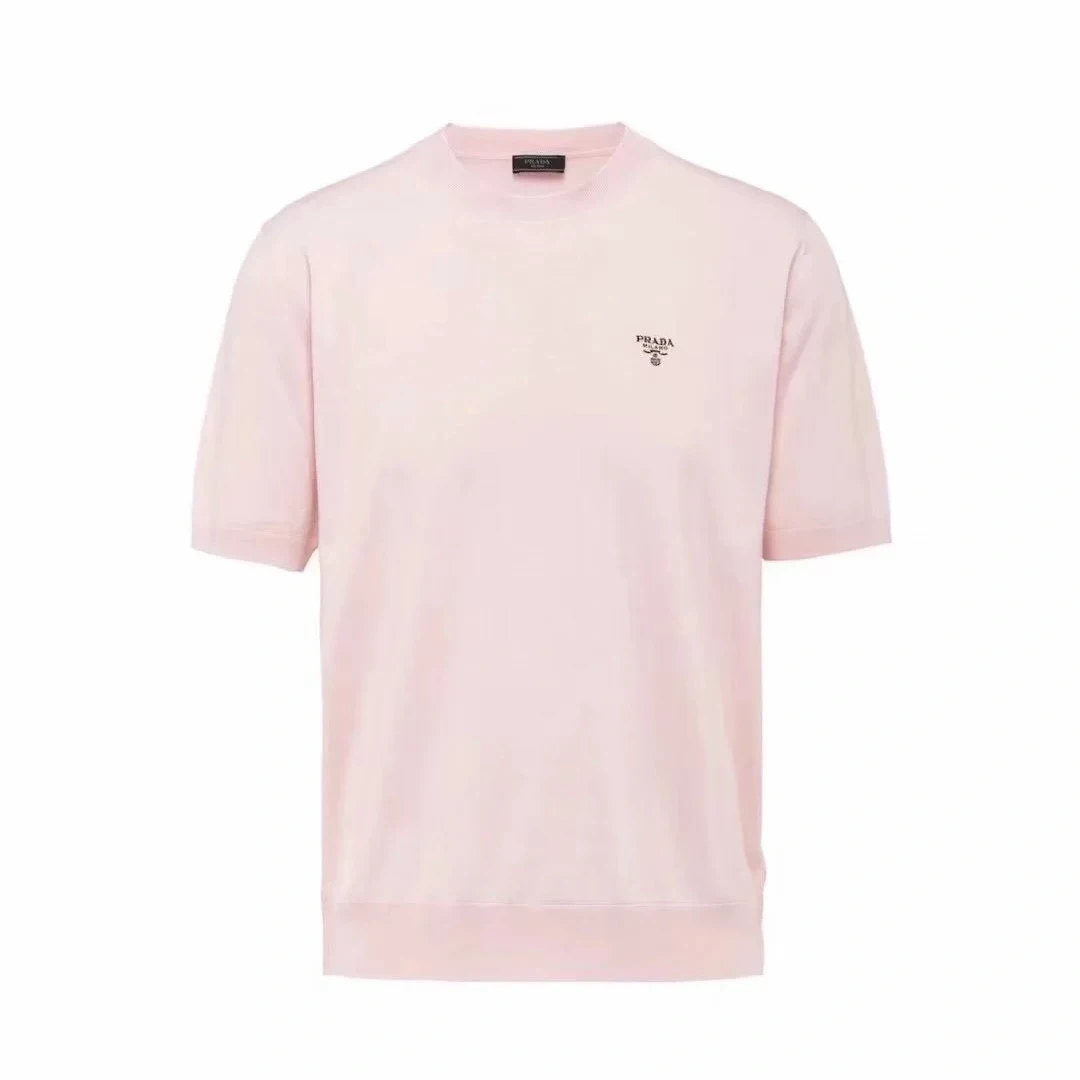 未使用 Prada/普拉达 粉色刺绣logo短袖针织T恤MKN10009