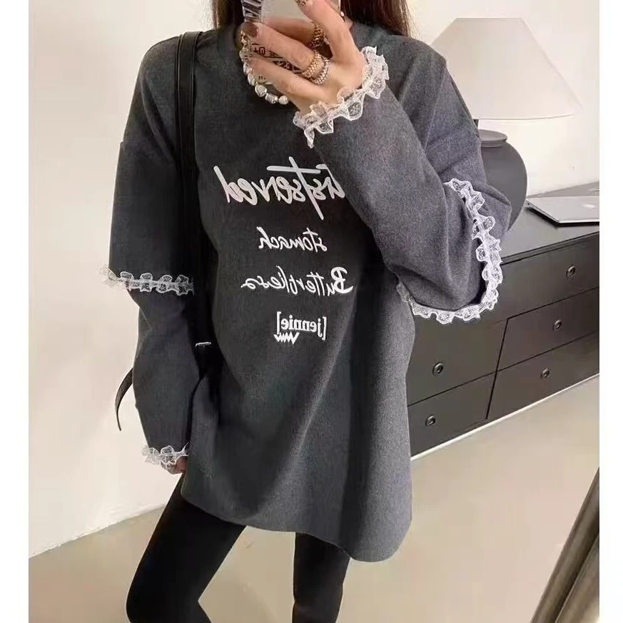 【 雨•美 推荐 】77875黑灰色字母蕾丝打底上衣