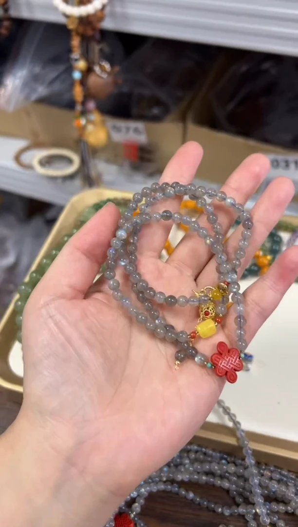 手链未镶嵌拉长石灰月光蜜蜡设计款多圈手链[0340]