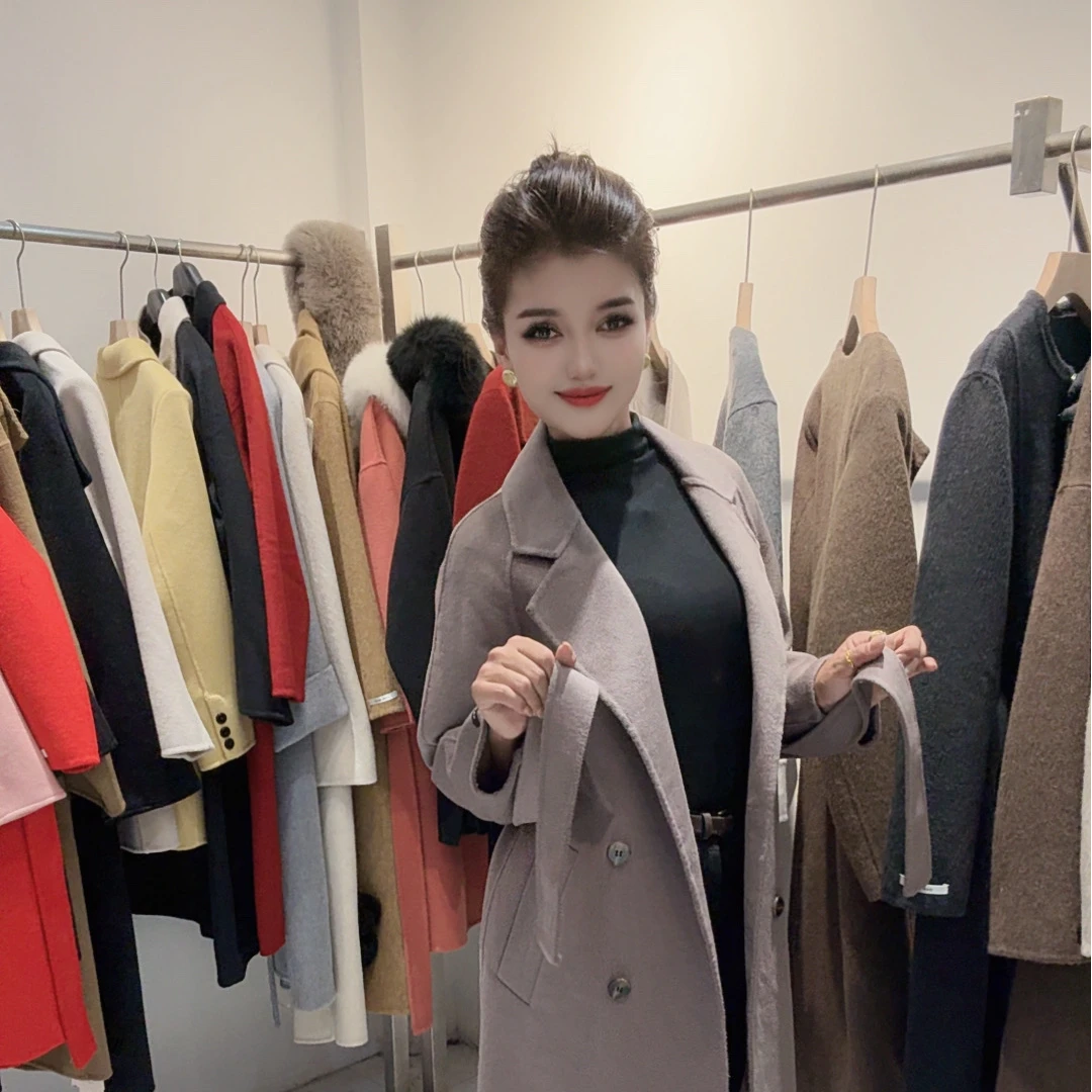 修身型拼接透气树脂固色毛呢外套女装双面韩系清