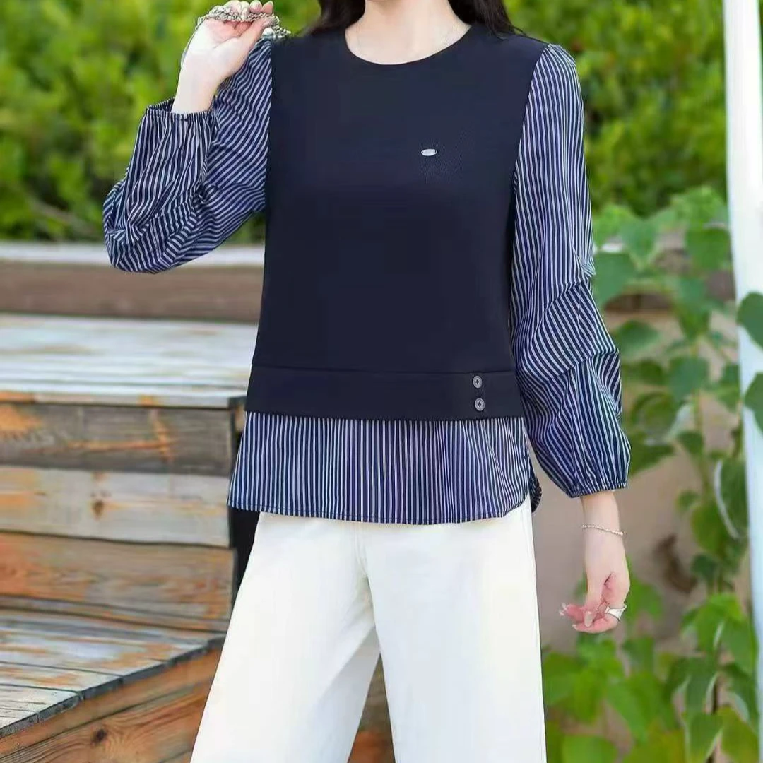 2025秋季拼竖条纹轻职风假两件长袖时尚小衫17