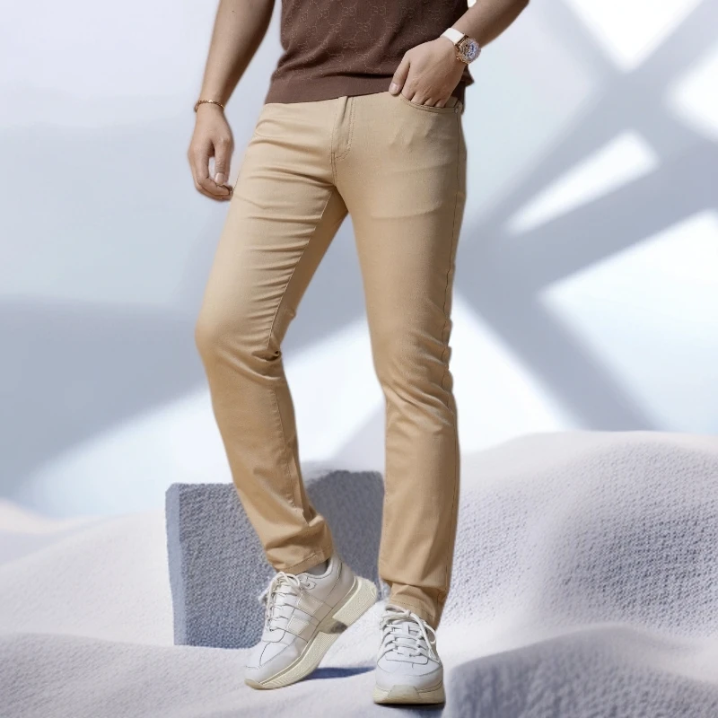 宾斯洛特时尚休闲裤子小脚修身百搭美式卡其色夏季薄款男款休闲裤