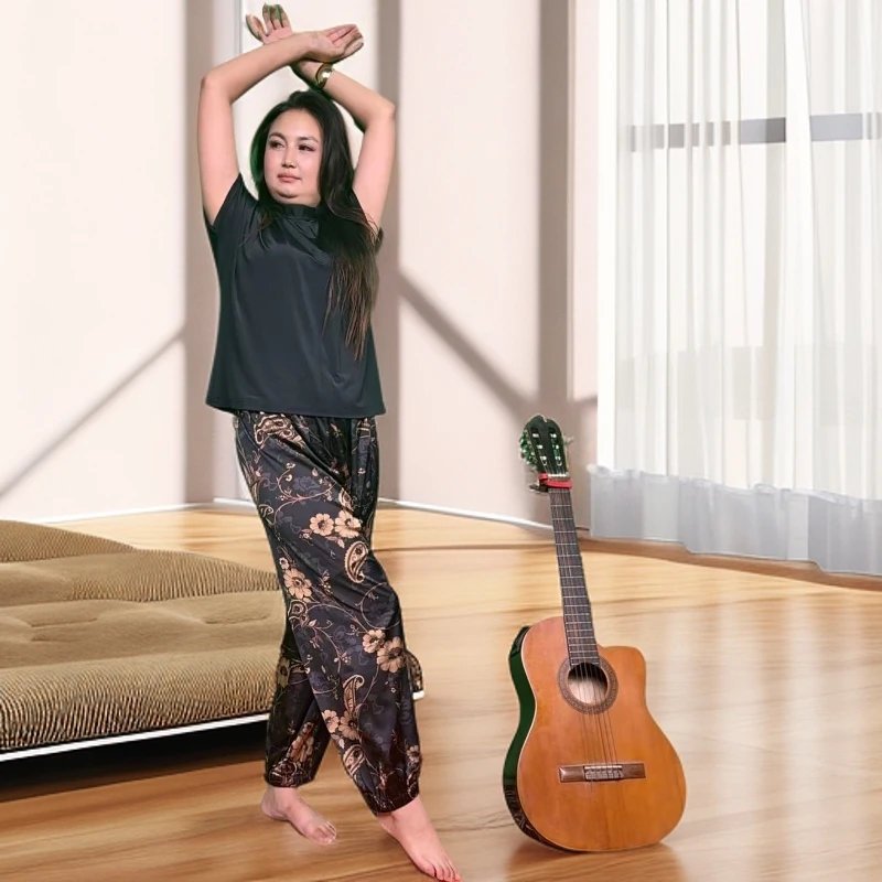 灯笼裤印花民族风碎花薄款绿色运动阔腿裤夏季休闲裤宽松高腰大码