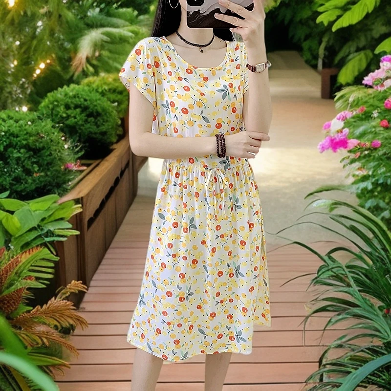 夏季中长款碎花棉绸连衣裙2025夏天新款小个子海边度假人造棉裙子