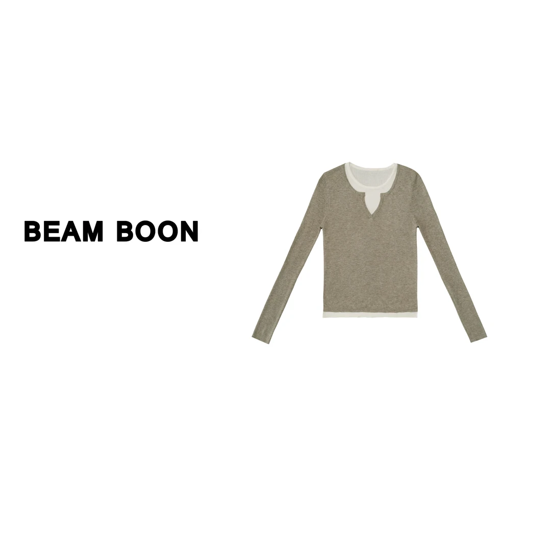 Beam Boon | 极简软糯~羊毛混纺假两件撞色圆领针织打底上衣