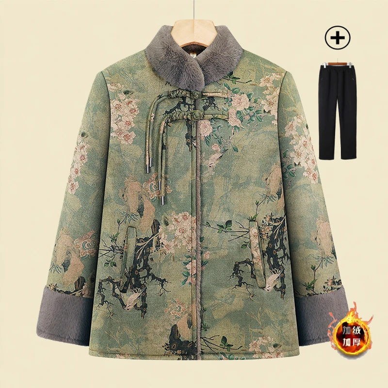 老年女装秋冬皮毛一体外套新中式奶奶加绒唐装老年人棉袄妈妈衣服