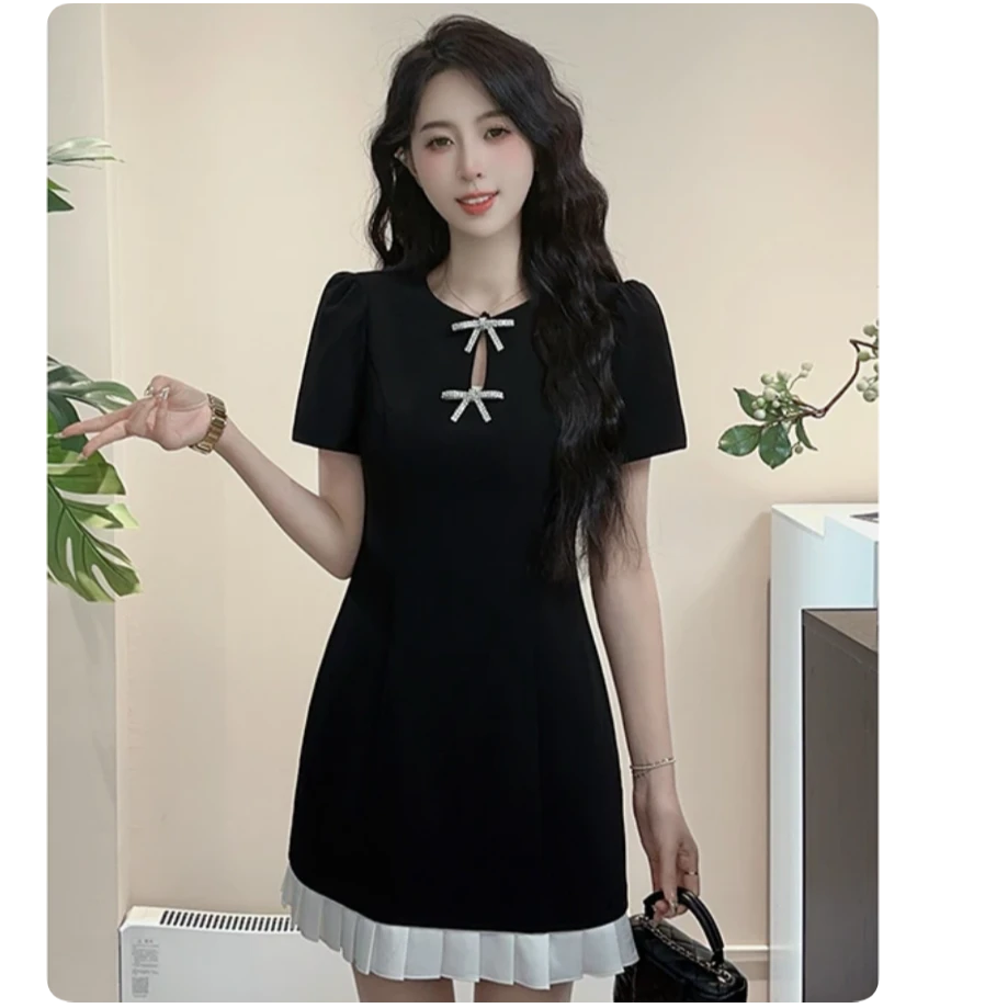 （80-200斤）高级感小黑裙富家千金小香风蝴蝶结连衣裙小个子女1741