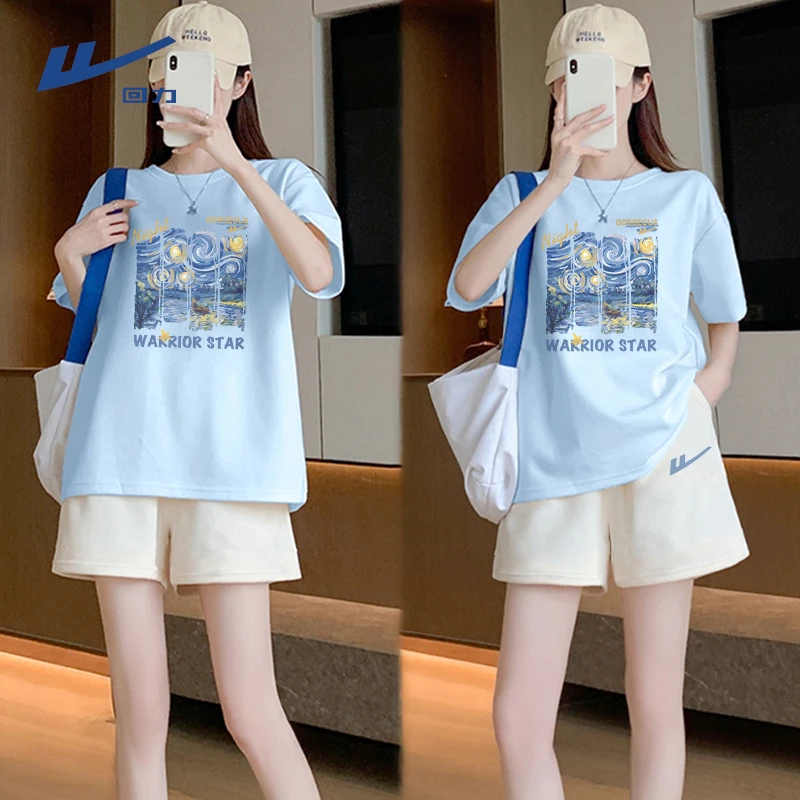 回力洋气衣服女2025夏季新款纯棉宽松短袖T恤华夫格休闲三分裤