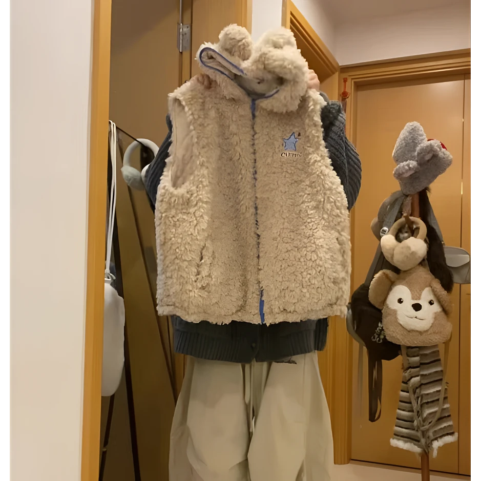 韩系可爱小熊连帽马甲外套冬季新款加厚保暖夹棉背心百搭叠穿马夹