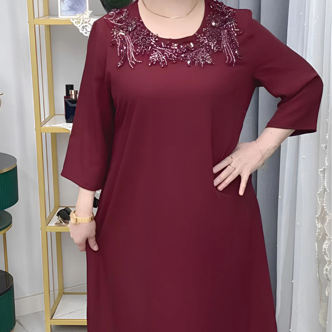 新疆民族风  圆领  七分袖  手工缝钻  大码连衣裙