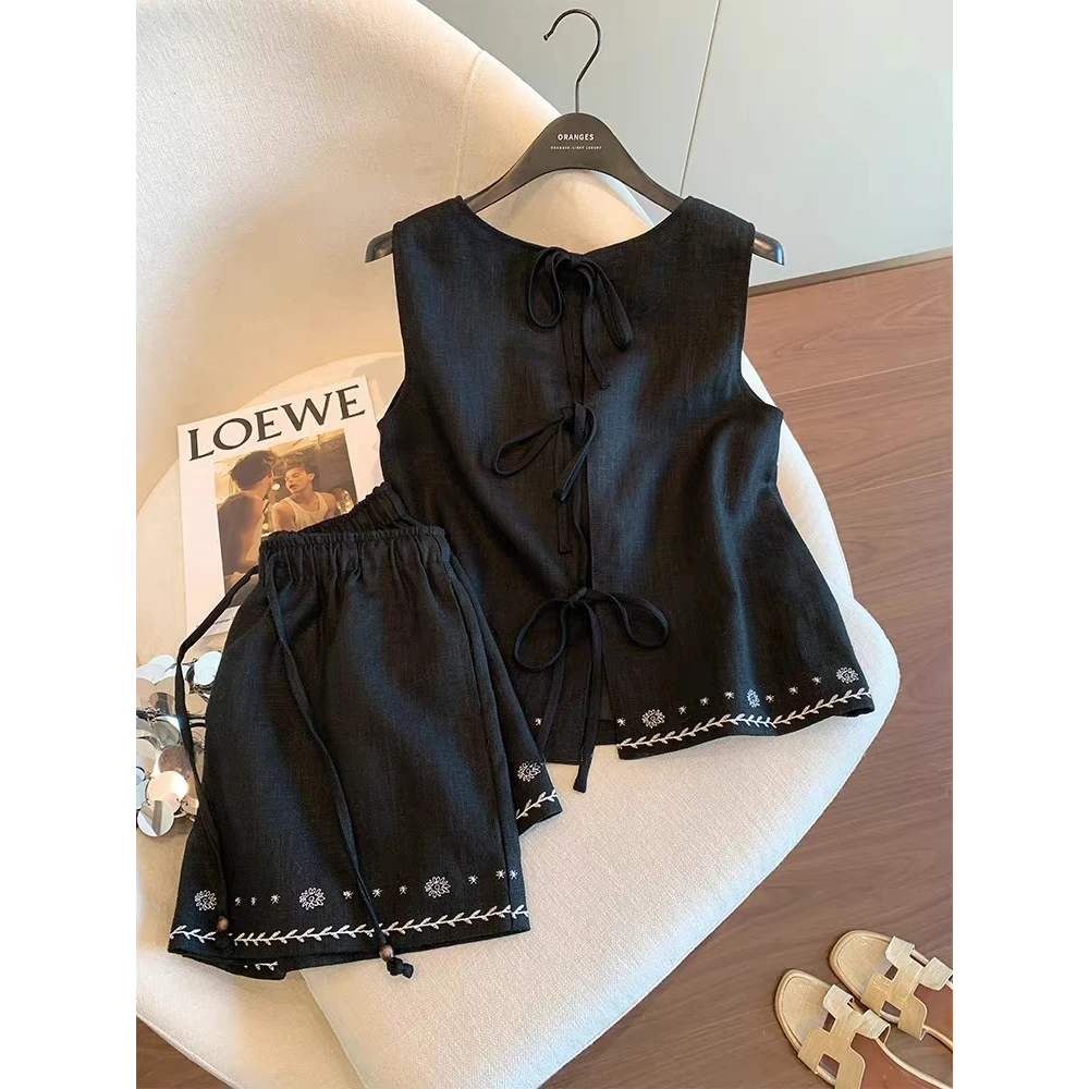 民族风撞色刺绣亚麻背心套装女2025年夏季新款时尚简约短裤两件套