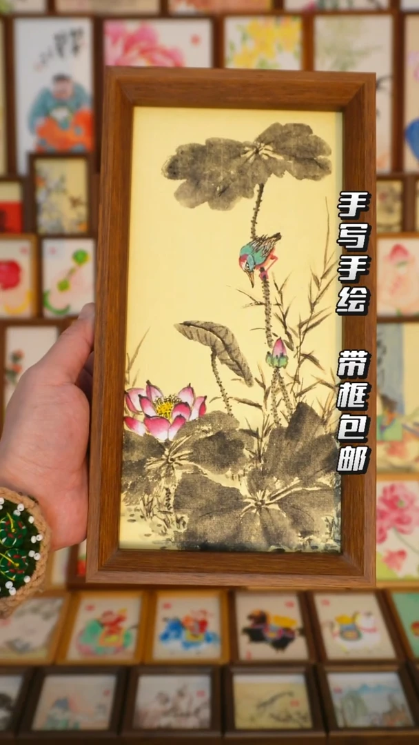 5*10寸深色框精品翠鸟荷塘