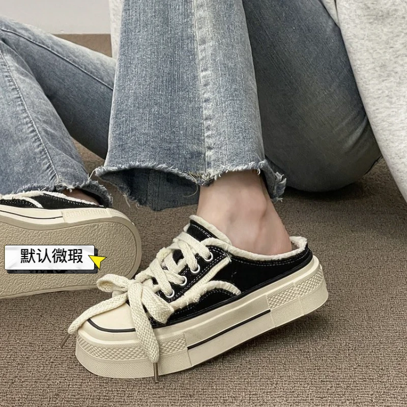「撤柜款」帆布鞋拖鞋女外穿无后跟懒人鞋女百搭厚底皮鞋