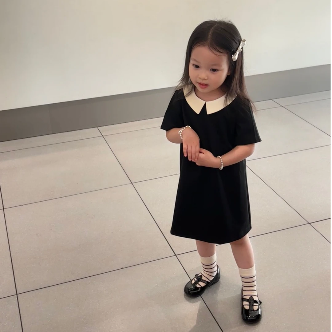 壹妈韩版童装女童夏季小香风连衣裙洋气儿童女宝宝娃娃领黑色裙子