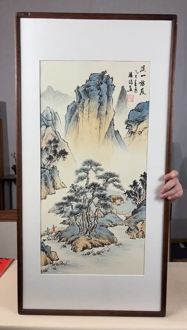 国画手绘*溪山访友*47*92cm*黑胡桃色木框