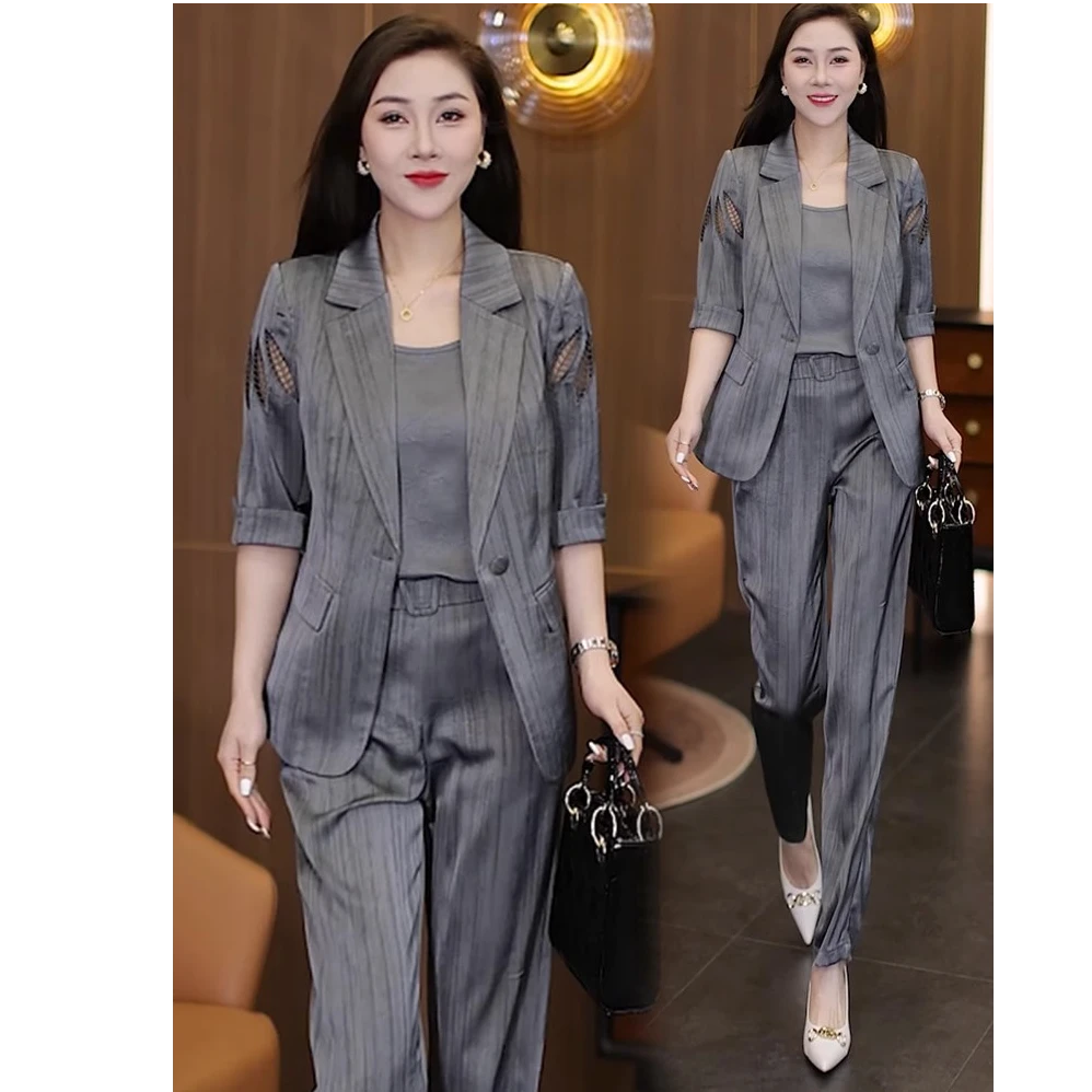 时尚西装套装女2025夏季新款洋气质显瘦短袖西服吊带阔腿裤三件套