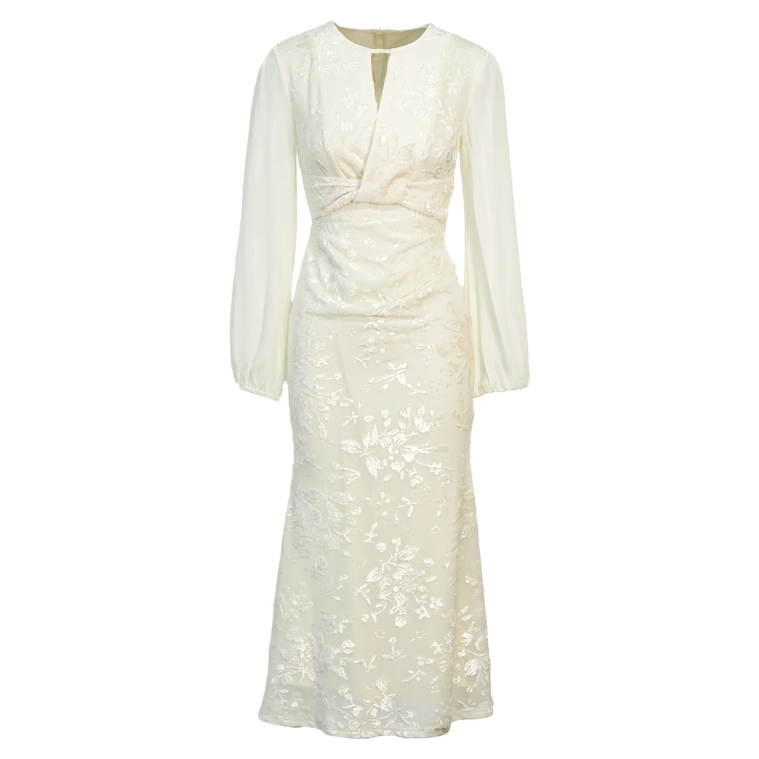 YEMAO 【莉莉安花园】新中式素雅气质提花暗纹显瘦长裙VG0062