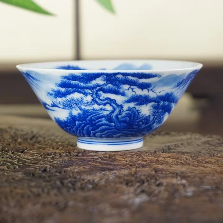 溪山堂仿北宋山水青花山水斗笠杯茶杯柴窑青花山水主人杯茶杯