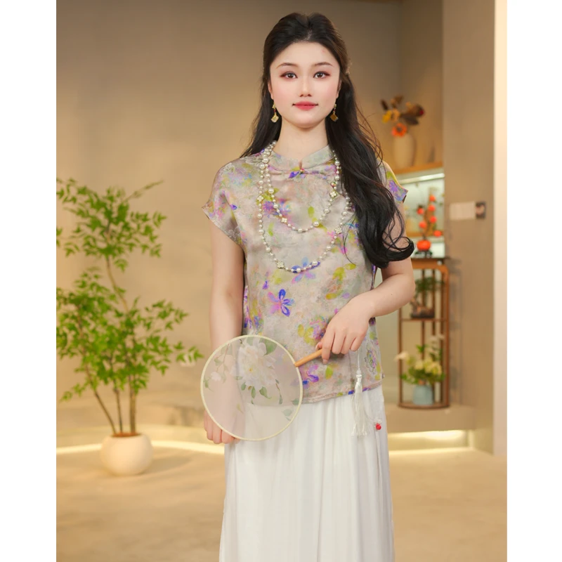 【微雨花间】新中式设计感上衣女装碎花短袖夏季新款禅意国风小衫