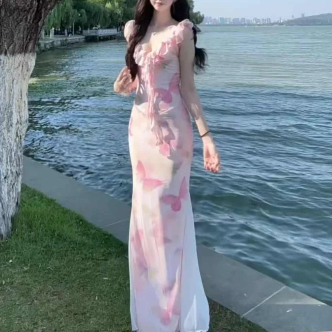 pinkmoon||粉色蝴蝶印花网纱吊带连衣裙女装裙子海边度假包臀长裙