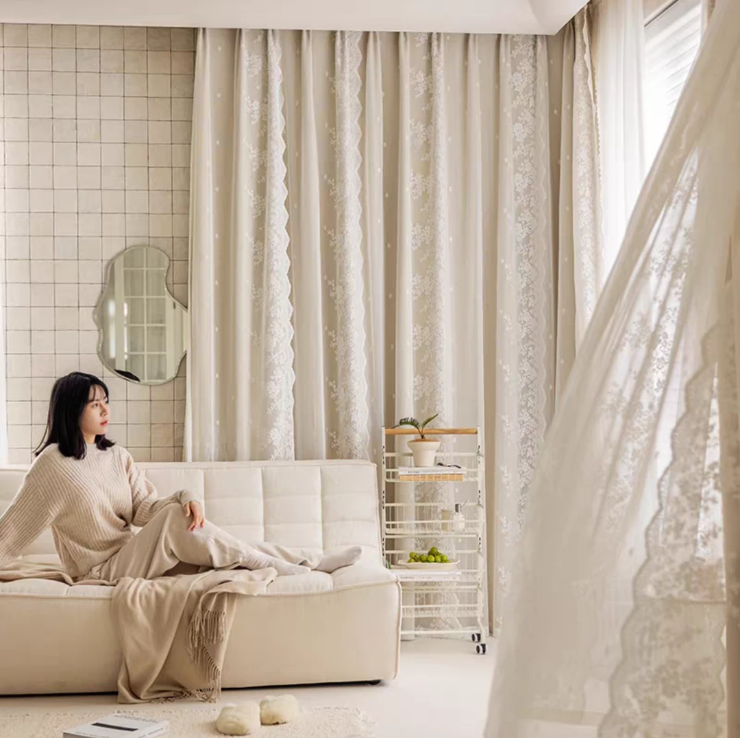 【双层蕾丝窗帘】 公主风 客厅阳台卧室客厅奶油色成品窗帘