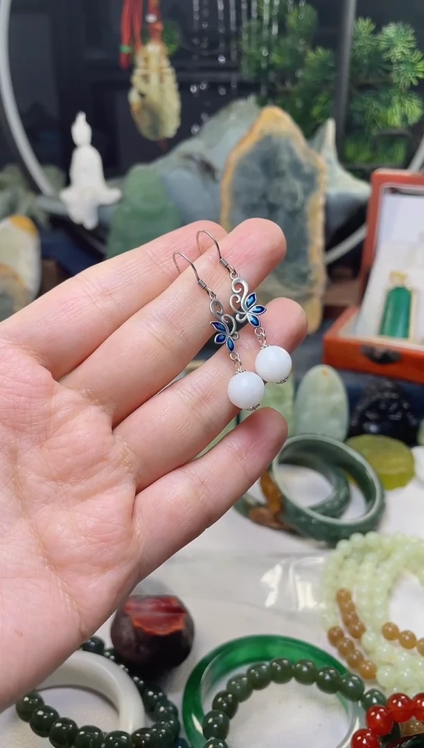 银S925镶嵌和田玉耳饰58.8