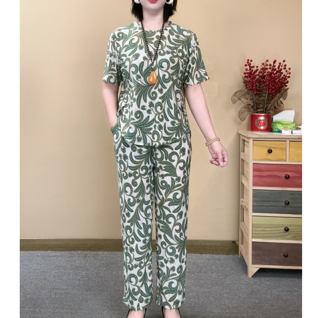 夏季套装复古常规修身型衬衫中老年女装休闲裤口袋宽松气质