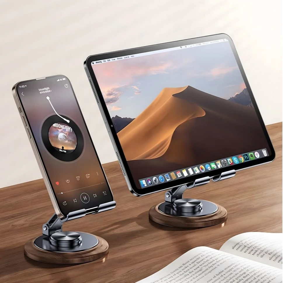胡桃木纹金属旋转手机支架桌面懒人支架平板通用多功能可折叠便携