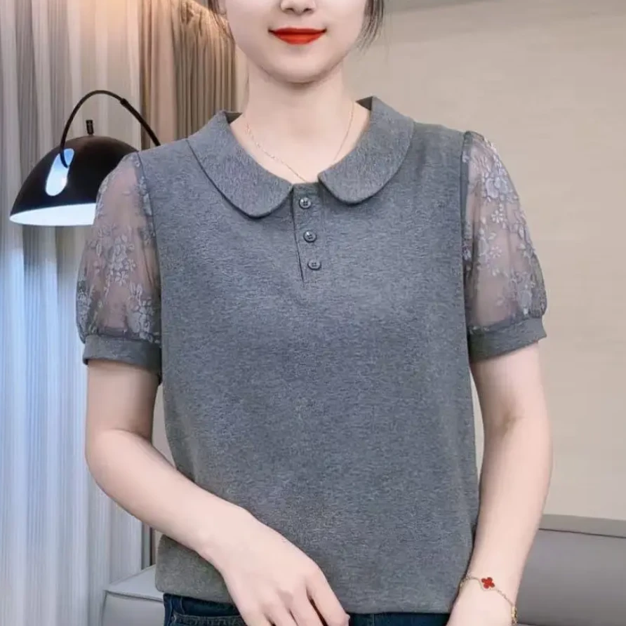 夏季新款时尚洋气娃娃领短袖T恤蕾丝拼接减龄休闲百搭纯色上衣女